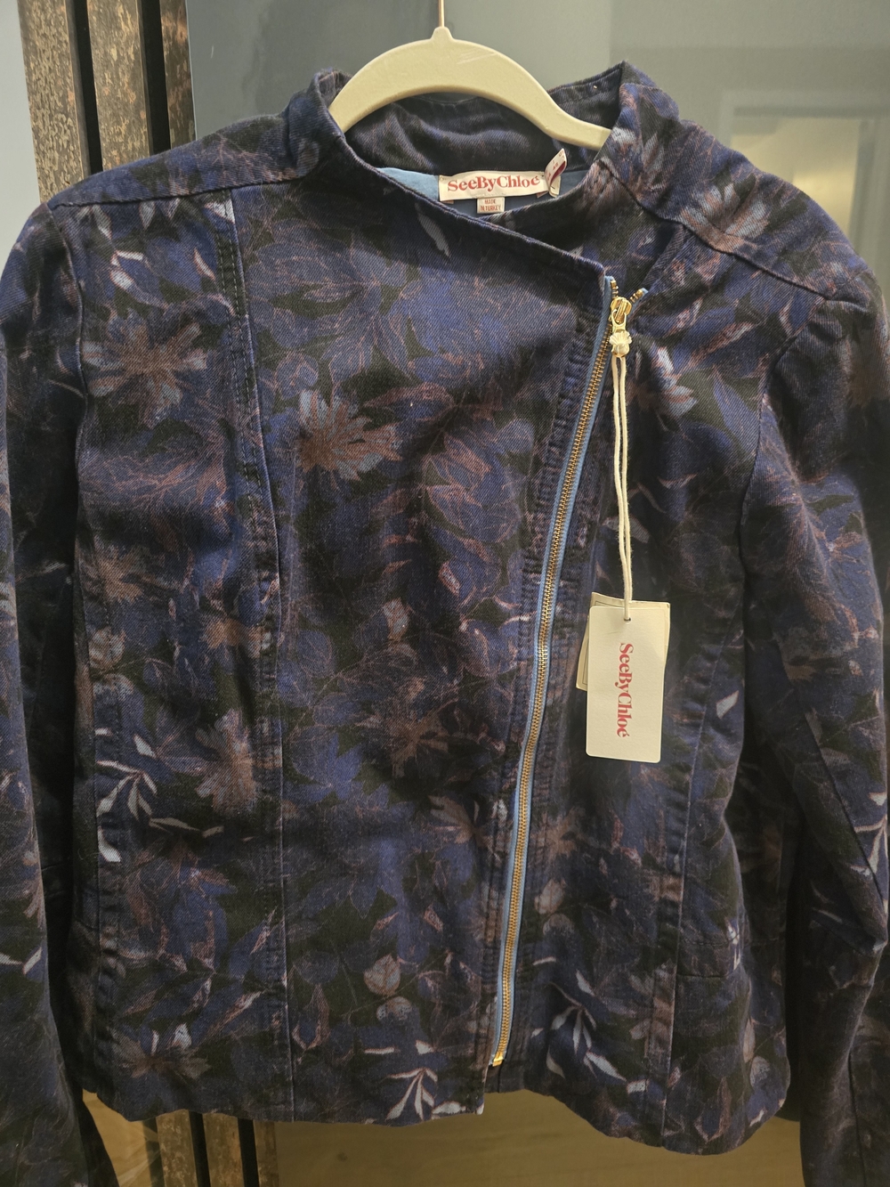 See By Chloé Navy Floral Moto Style Zip Denim Jacket Size 12